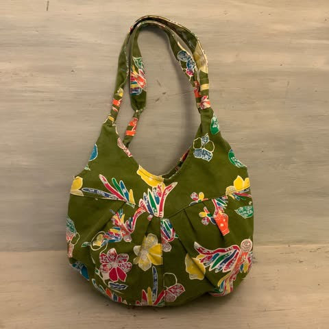 Boho Colorful Bird Flower Skull Print Olive Canvas Hobo Shoulder Bag Purse Good Condition