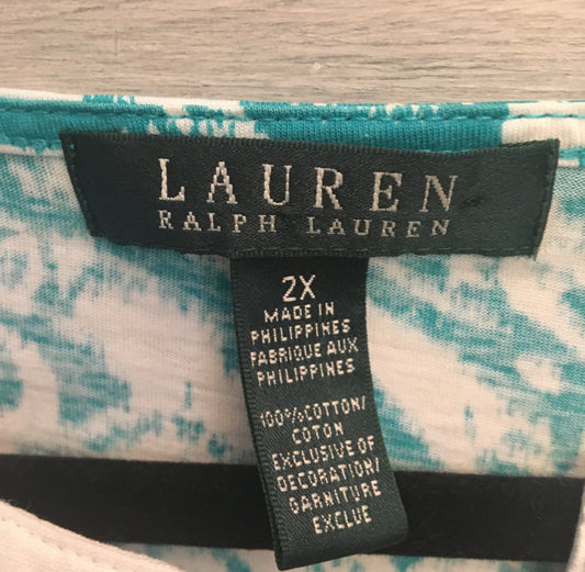 Ralph Lauren 100% Cotton Aqua Blue White 3/4 Sleeve Tunic Top Blouse Size 2X Like New