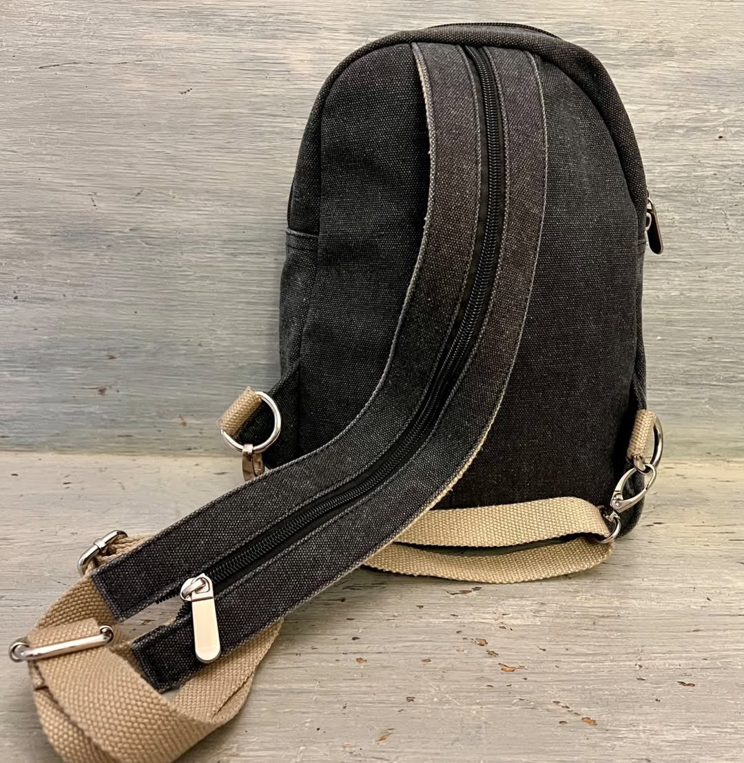Gray Canvas Backpack Purse Adjustable Straps Zip Closure Front Pockets Like New