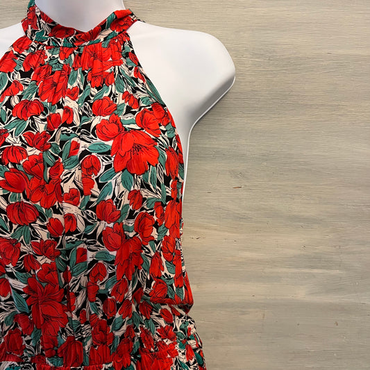 Red Hibiscus Flower Print Halter Neck Racerback High Low Maxi Dress Size Medium Good Condition