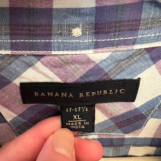 Banana Republic Cotton Linen Purple Plaid Button Down Shirt XL Like New