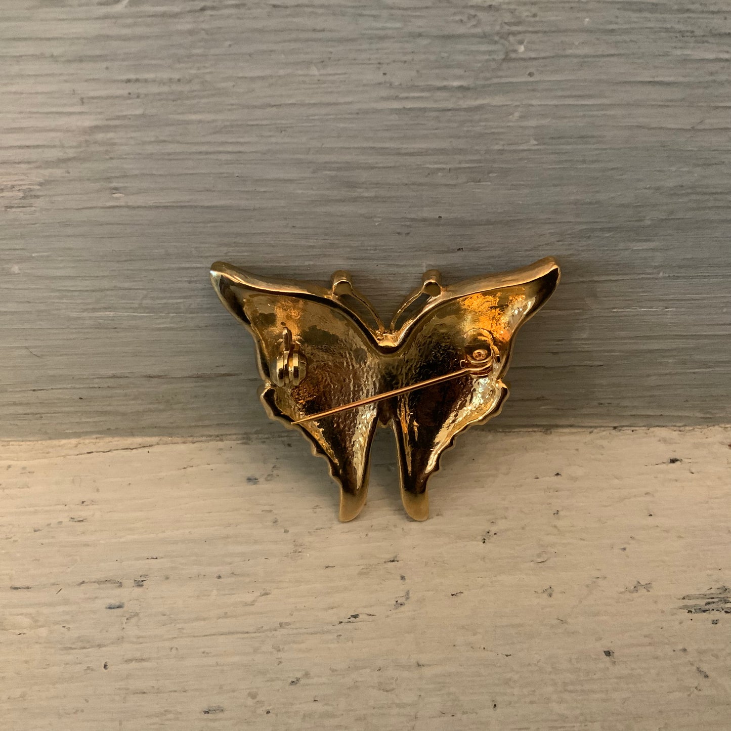 Beautiful Green Black Rhinestone Gold Butterfly Brooch Pin Good Condition