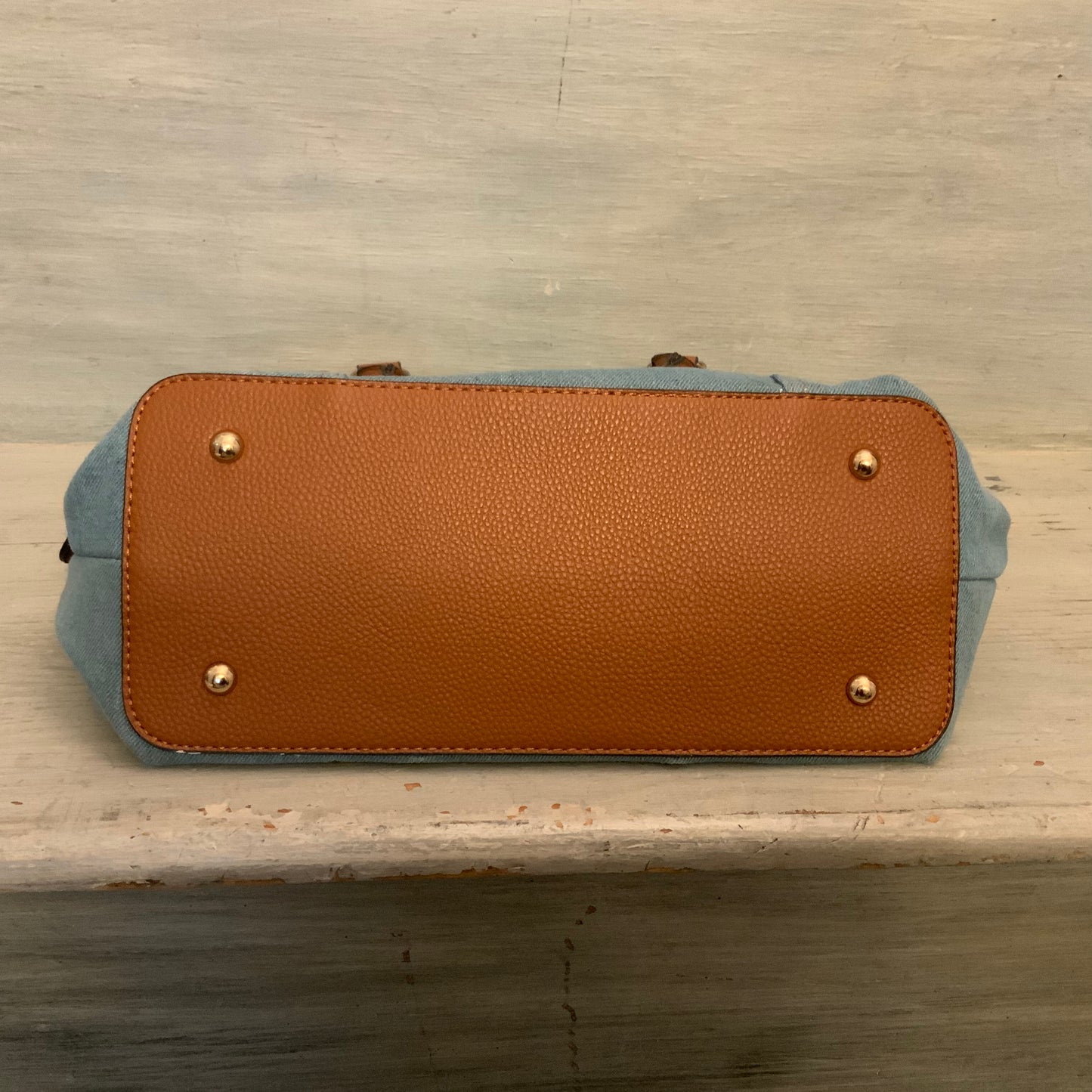 Cato Embroidered Flower Print Denim Brown Faux Leather Handbag Purse Like New