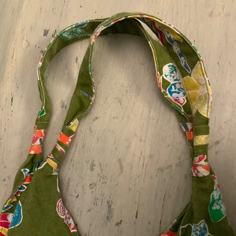 Boho Colorful Bird Flower Skull Print Olive Canvas Hobo Shoulder Bag Purse Good Condition