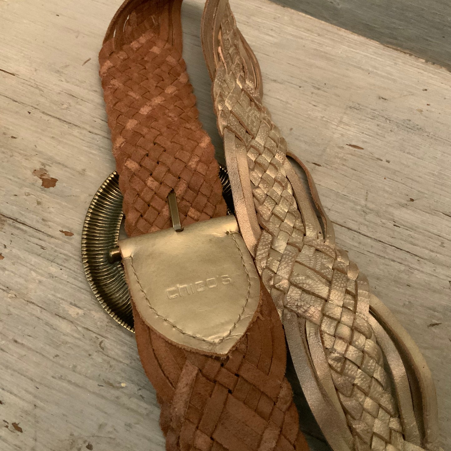 Chico’s Metallic Gold Leather Braided Belt Good Condition