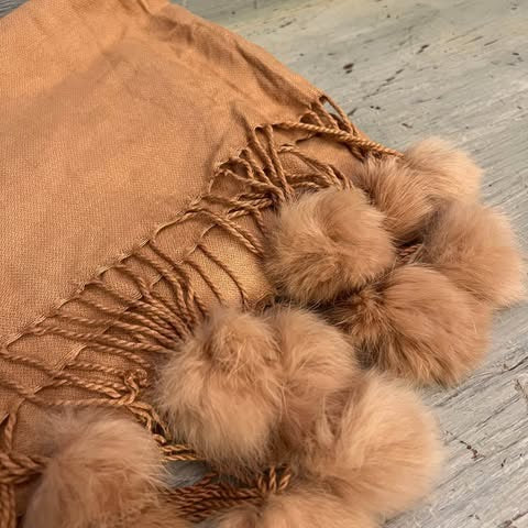 Soft Tan Faux Fur Pom Pom Wrap Scarf Made in Scotland Like New