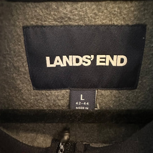 Lands End Fleece Vest Grey Black Zip Pockets Like New