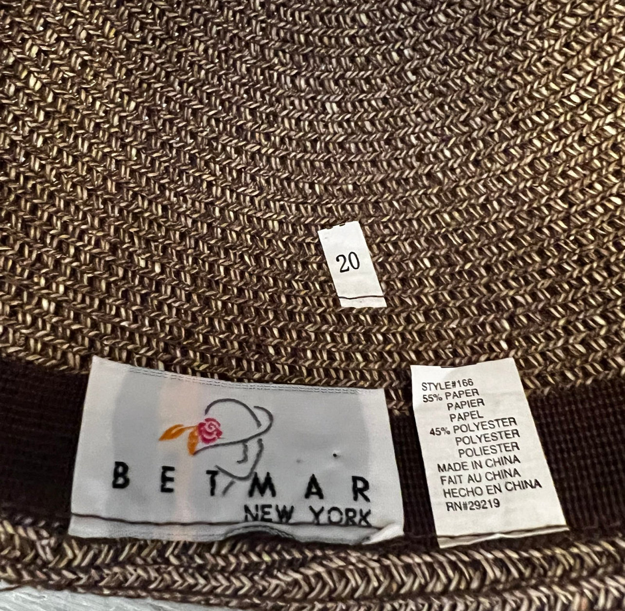 Betmar New York Brown Straw Sunhat 7.5” Diameter Fit Good Condition