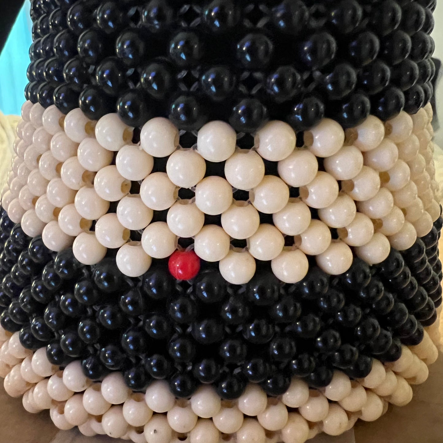 Vintage Beaded Black Cream Stripe Shoulder Bag Purse Good Condition