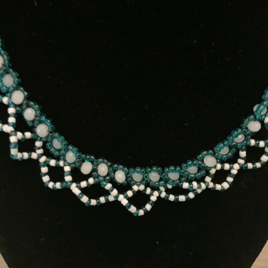 Beautiful Hand Beaded Aqua Blue White Mini Bead Choker Necklace 16”-19” New