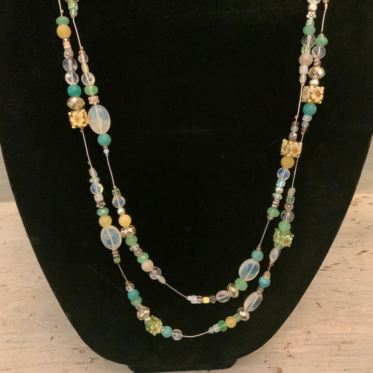 Elegant Hand Beaded Mint Yellow Clear Flower Long Wrap Necklace 36” Long New