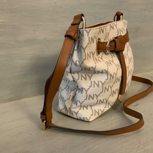 Jones New York White Brown Faux Leather Crossbody Shoulder Bag 8.5x8.5x3 Like New