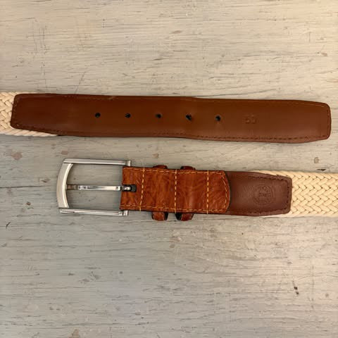 Torino Men's Cream Woven Stretch Belt w/ Brown Leather Trim 47-51" Good Condition