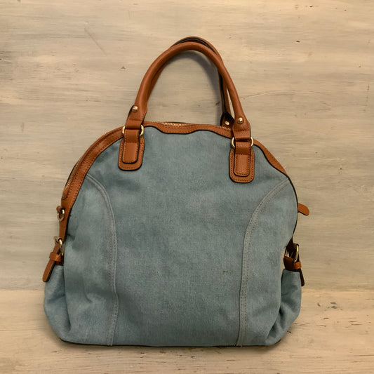 Cato Embroidered Flower Print Denim Brown Faux Leather Handbag Purse Like New