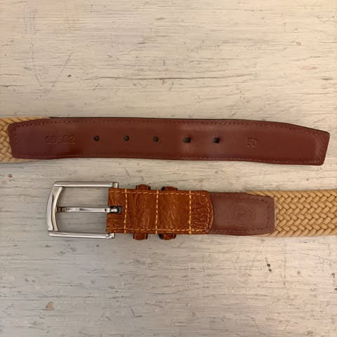 Torino Men's Tan Woven Stretch Belt with Brown Leather Trim 44-47.5" Good Condition