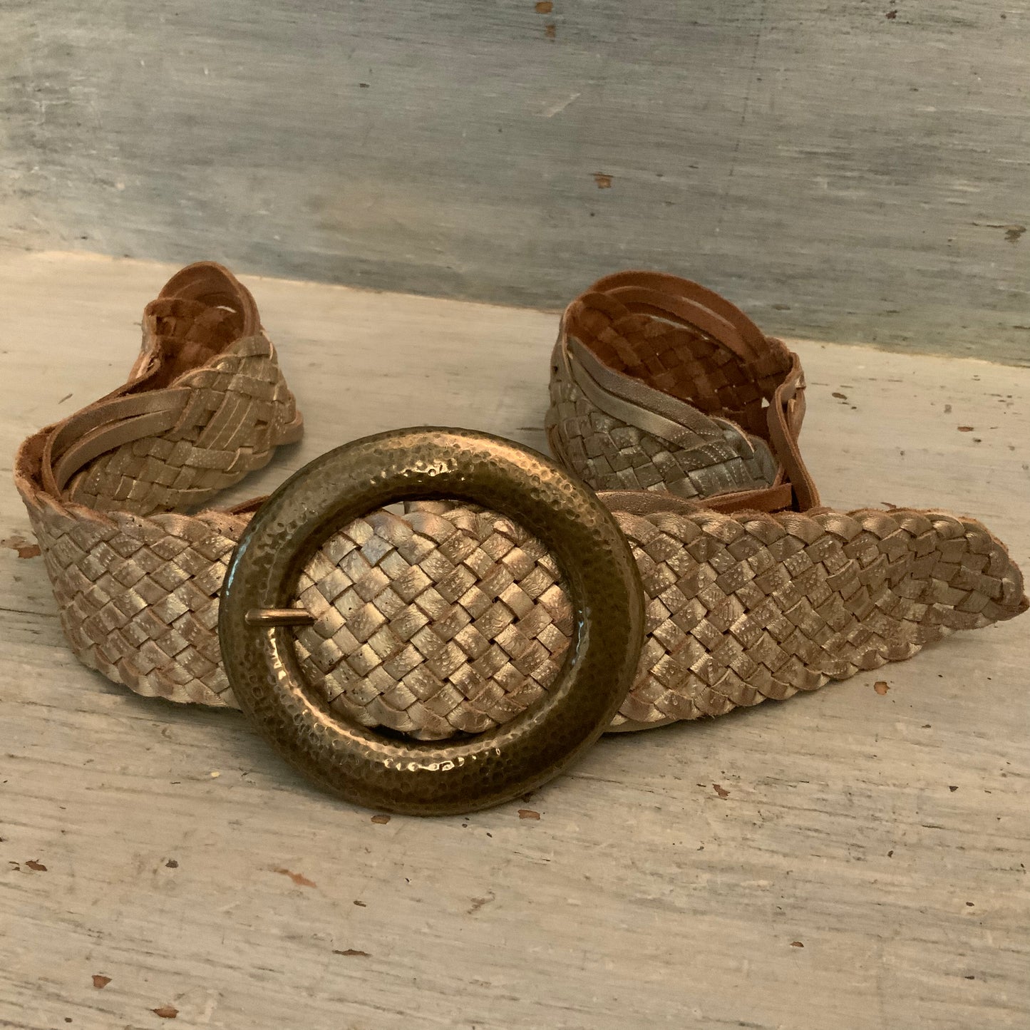 Chico’s Metallic Gold Leather Braided Belt Good Condition