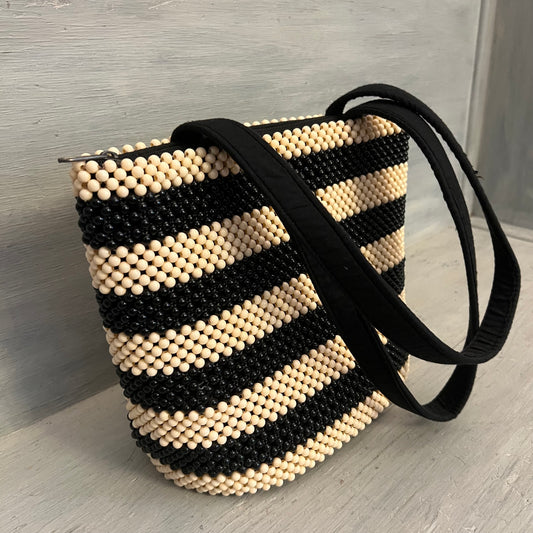 Vintage Beaded Black Cream Stripe Shoulder Bag Purse Good Condition
