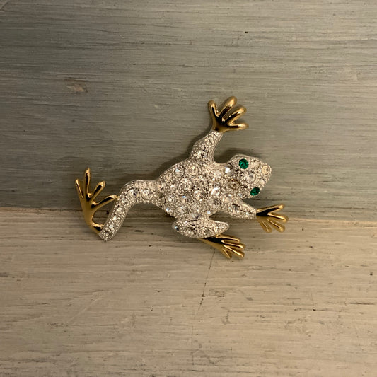 Vintage Silver & Gold Tone Bejeweled Frog Brooch Pin 2.5" Good Condition