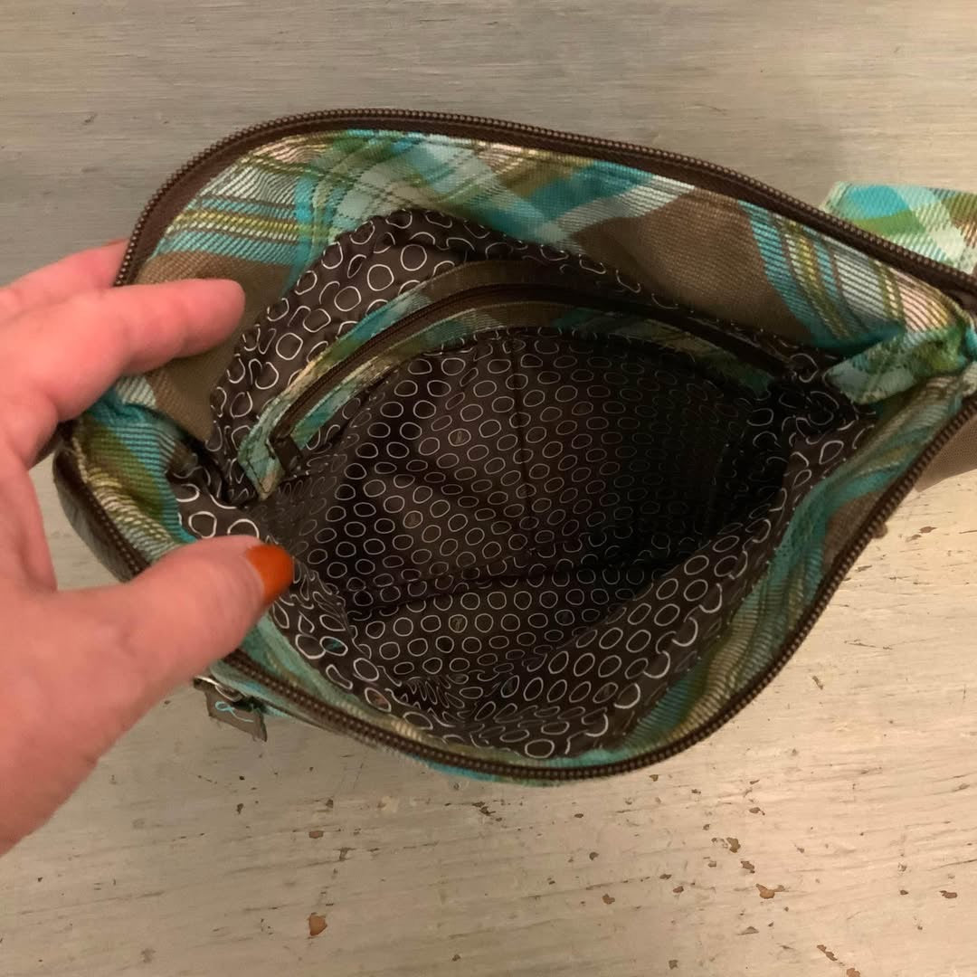Thirty-One “Faith” Brown Aqua Blue Plaid Crossbody Bag Purse 10x11 Like New