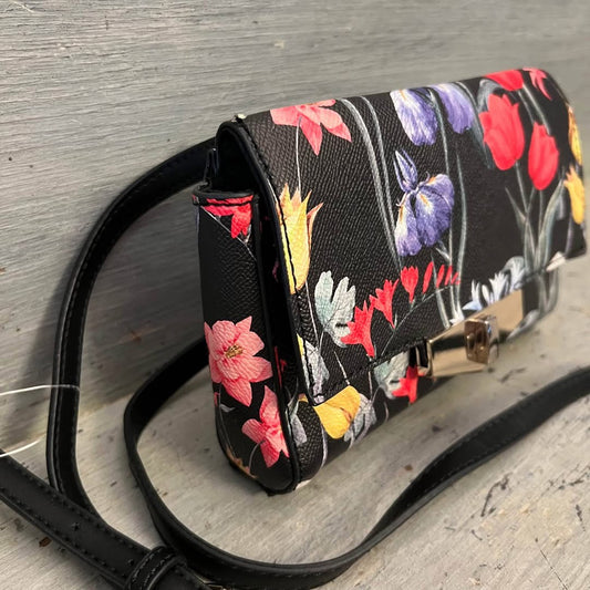 Apt 9 Black Faux Leather Floral Print Crossbody Bag Purse New with Tags