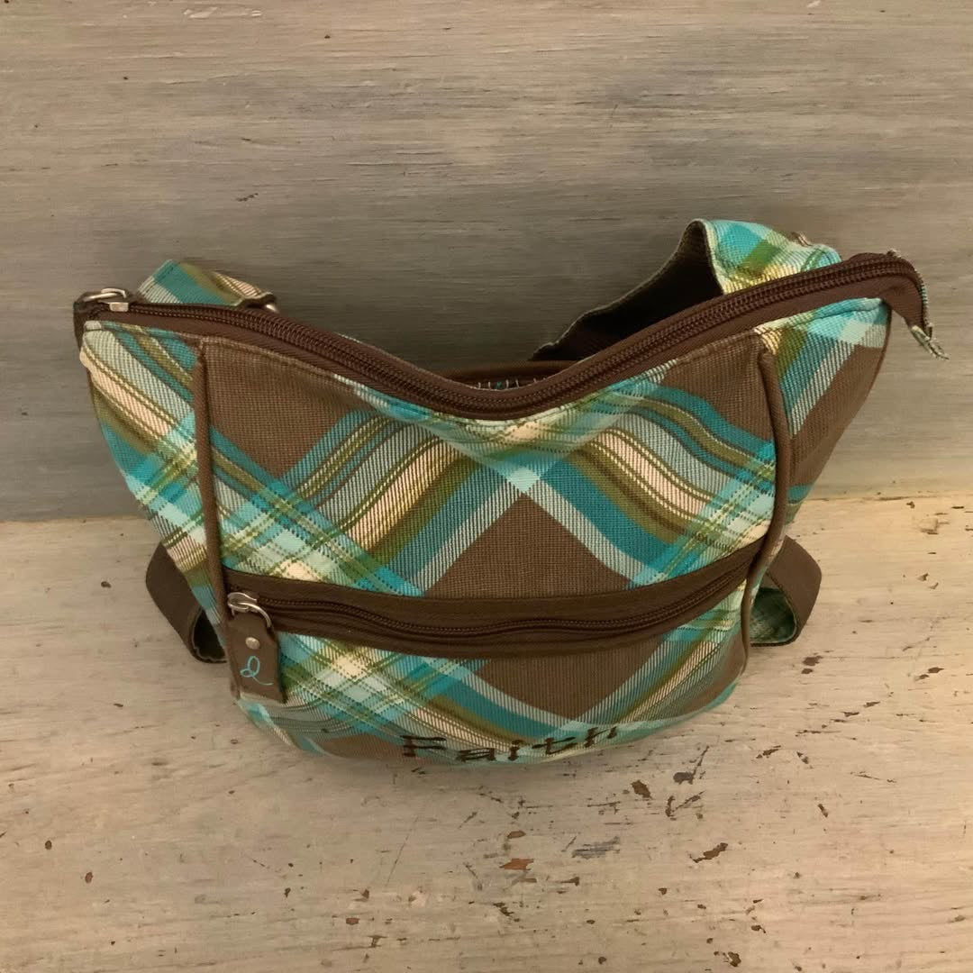 Thirty-One “Faith” Brown Aqua Blue Plaid Crossbody Bag Purse 10x11 Like New