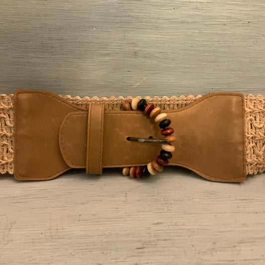 Woven Raffia Faux Leather Beaded Buckle Cinch Waist Fashion Belt Good Condition
