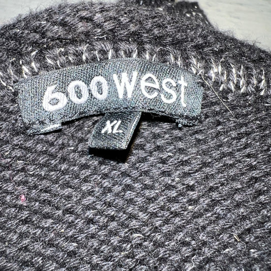 600 West Black Metallic Silver Thread Vneck Sweater w/ Removable Cowl XL Good Condition