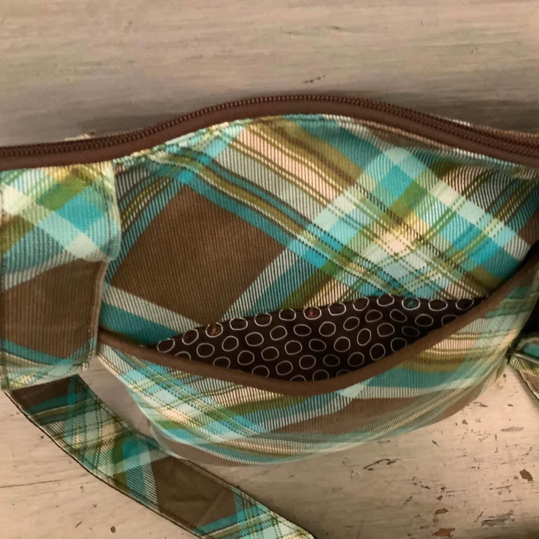 Thirty-One “Faith” Brown Aqua Blue Plaid Crossbody Bag Purse 10x11 Like New