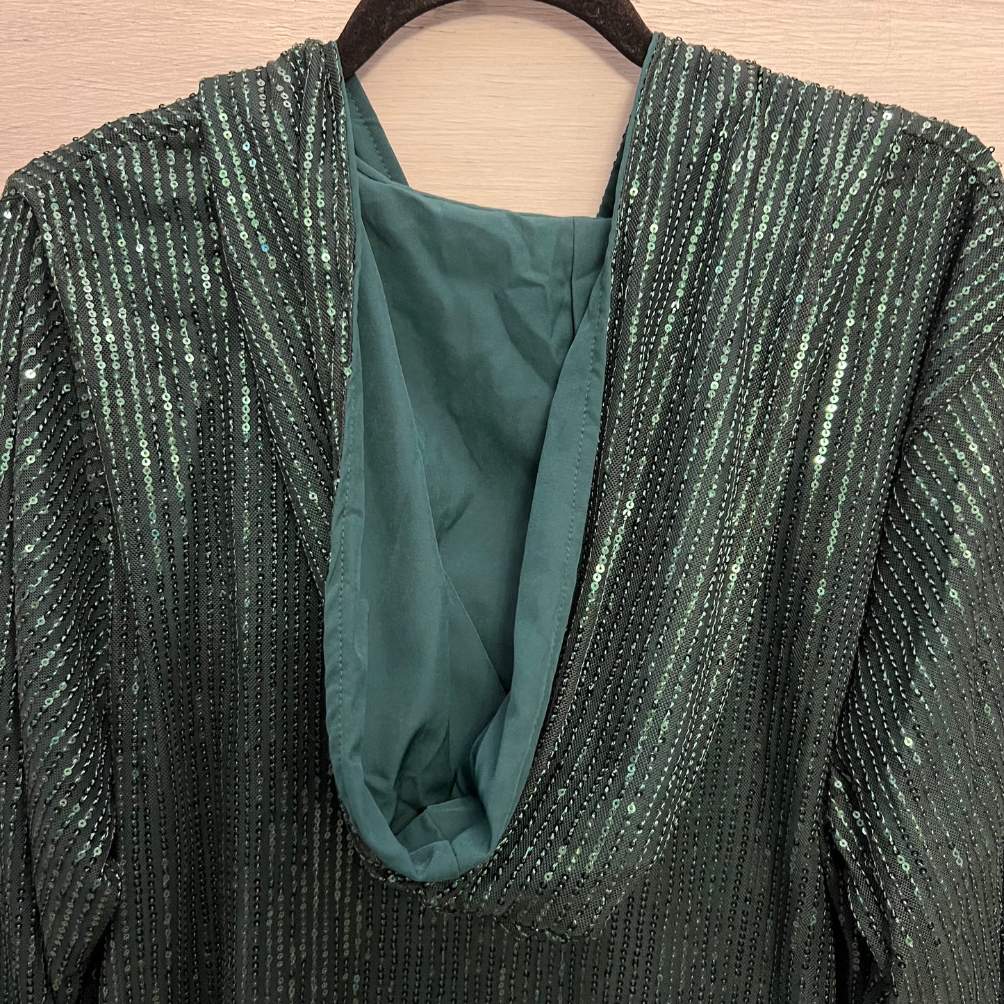Emerald Green Sequined Hoodie Tunic Top Size 2XL Good Condition
