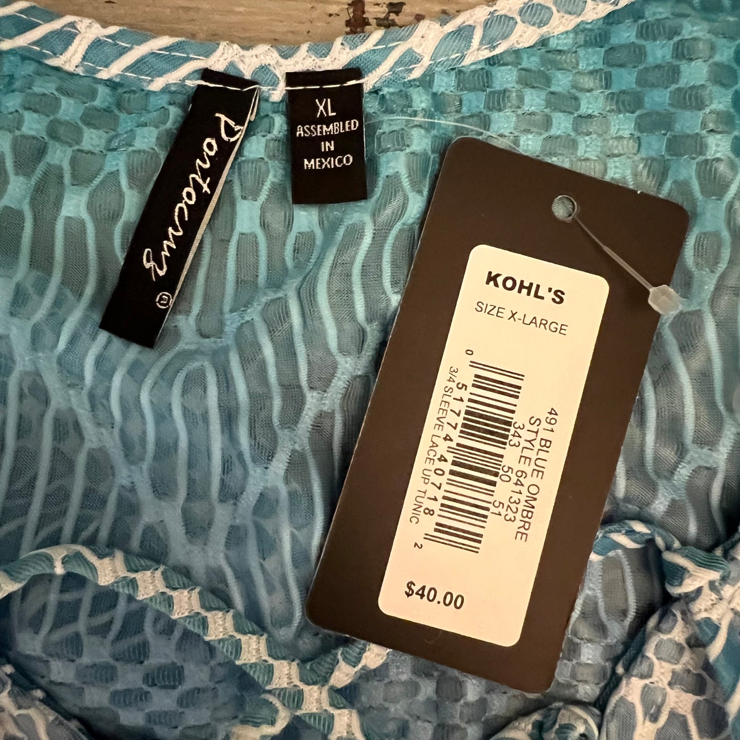 Porto Cruz Blue Ombré 3/4 Sleeve Lace Up Tunic Cover Up XL New with Tag