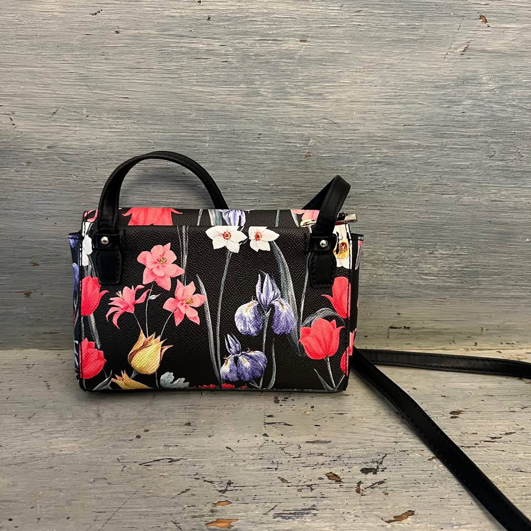 Apt 9 Black Faux Leather Floral Print Crossbody Bag Purse New with Tags