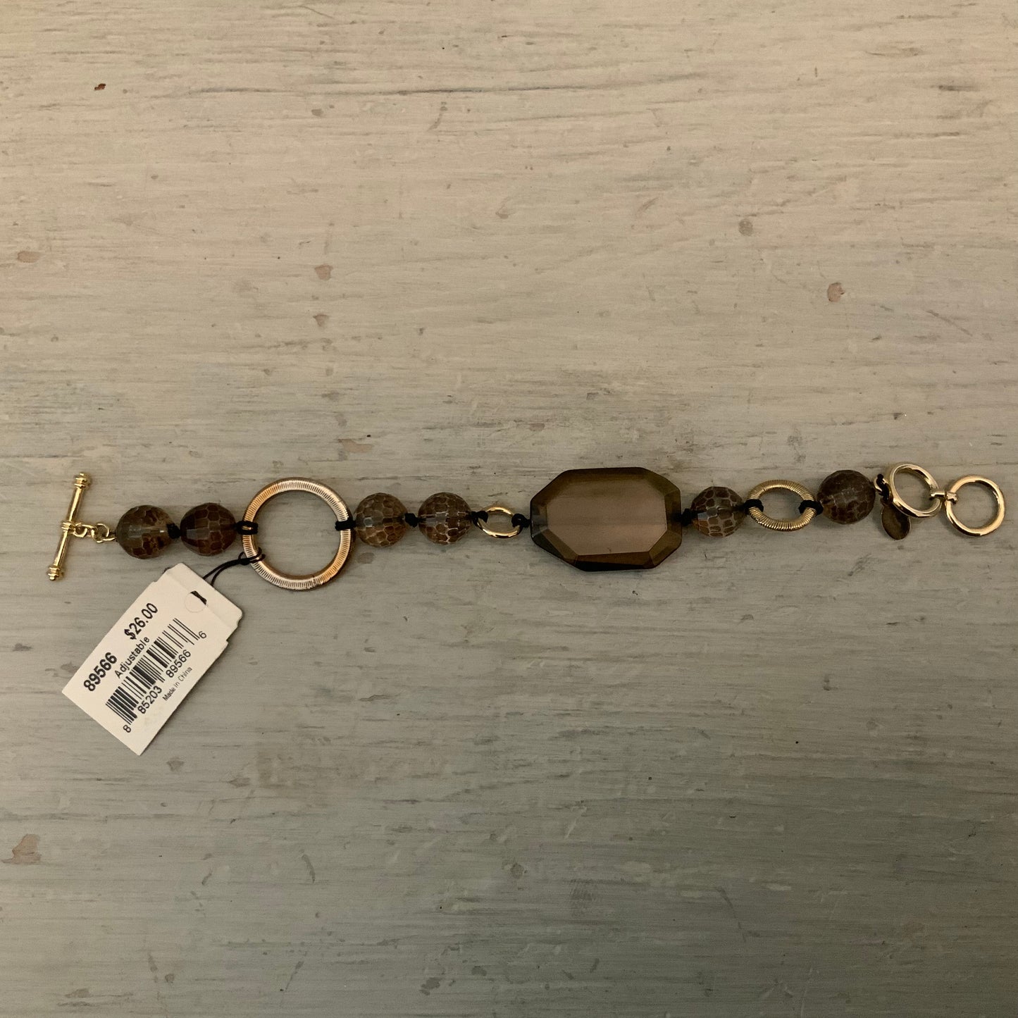 Cookie Lee Transparent Smoky Brown Beaded Gold Toggle Clasp Bracelet New with Tags