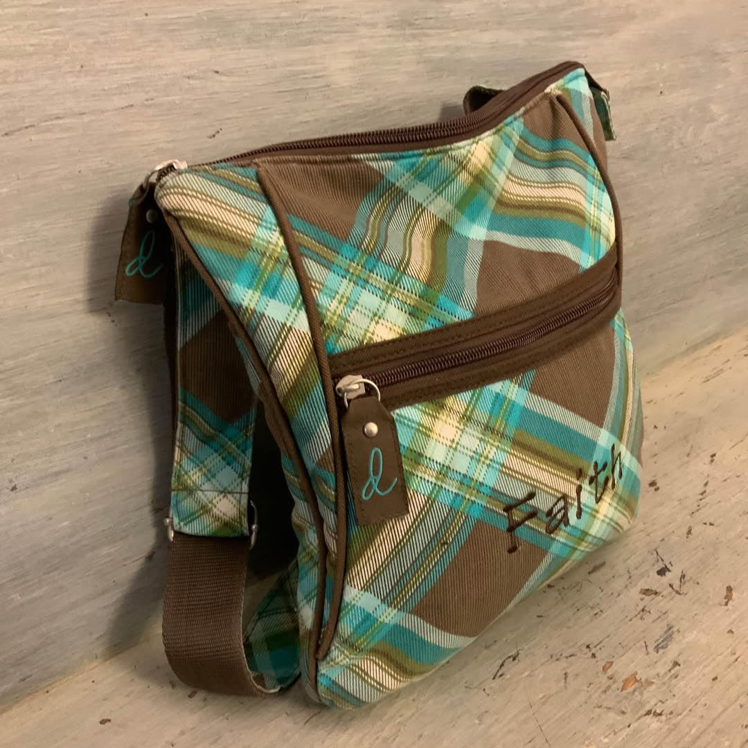 Thirty-One “Faith” Brown Aqua Blue Plaid Crossbody Bag Purse 10x11 Like New