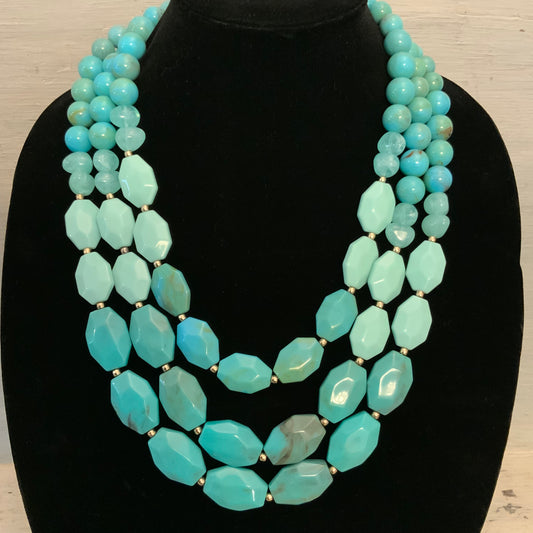 Lane Bryant Turquoise Tone Three Strand Chunky Beaded Statement Necklace 24.5-27.5" Like New