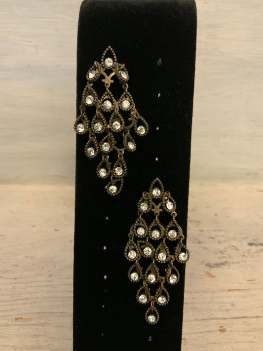 Antique Brass Tone Filigree Rhinestone Chandelier Dangling Earrings 3.5" Good Condition