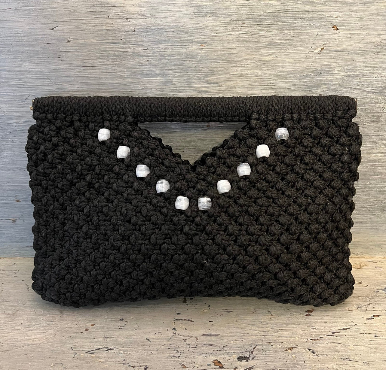 Vintage Handmade Black Beaded Macrame Clutch Handbag Purse Good Condition