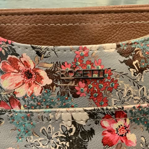 Rosetti Faux Brown Leather Pink Purple Floral Print Shoulder Bag Purse Good Condition