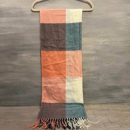 Soft Teal Peach Buffalo Check Plaid Knit Scarf Like New
