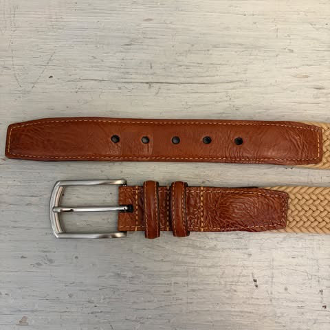 Torino Men's Tan Woven Stretch Belt with Brown Leather Trim 44-47.5" Good Condition