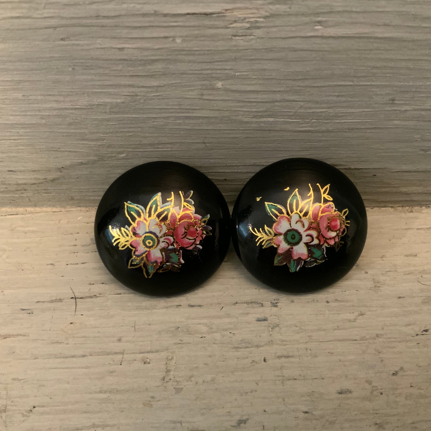 Vintage Black Floral Beaded Necklace & Earring Set Good Condition
