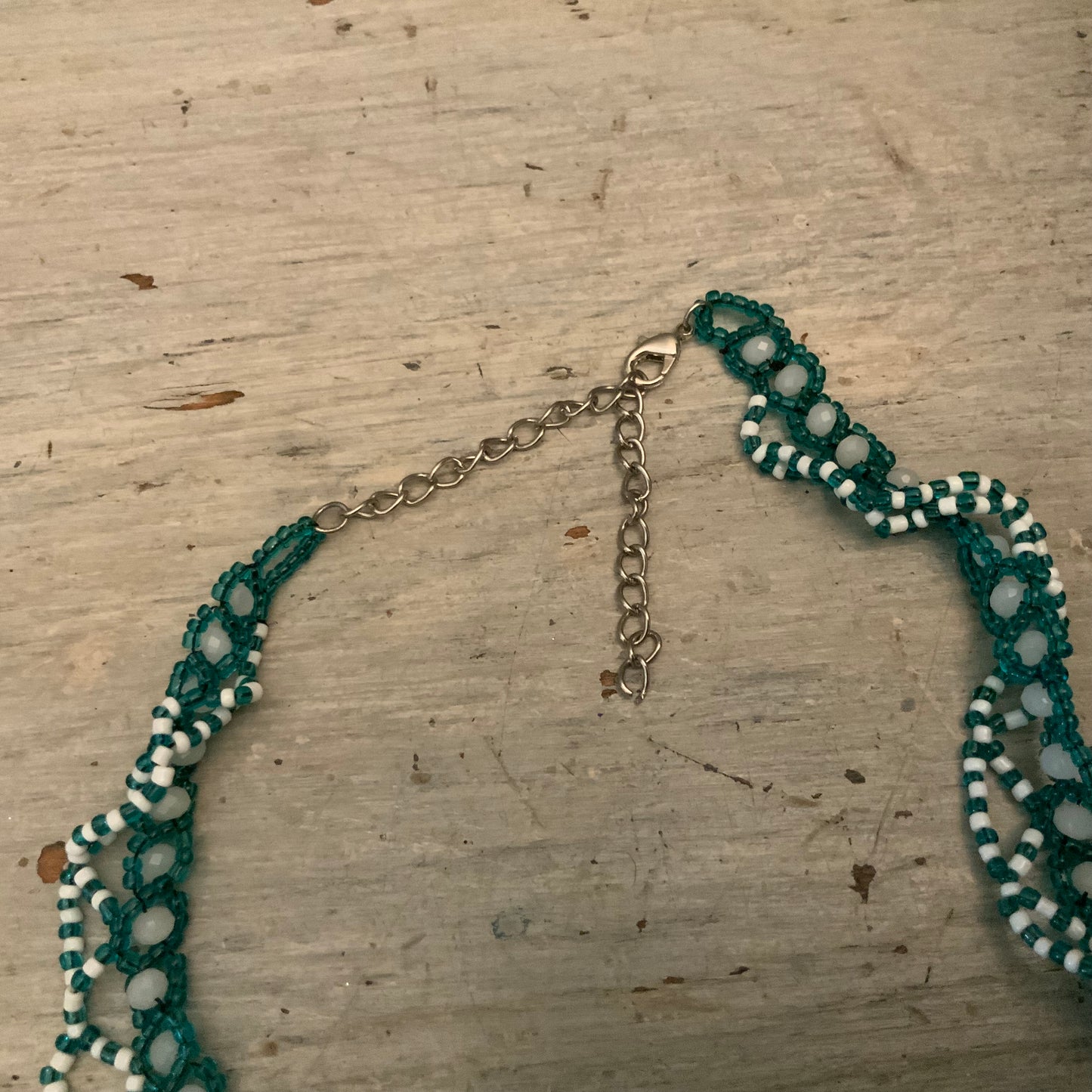Beautiful Hand Beaded Aqua Blue White Mini Bead Choker Necklace 16”-19” New