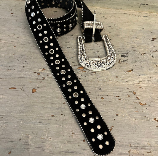 Studded Rhinestone Black Suede Leather Belt XL New