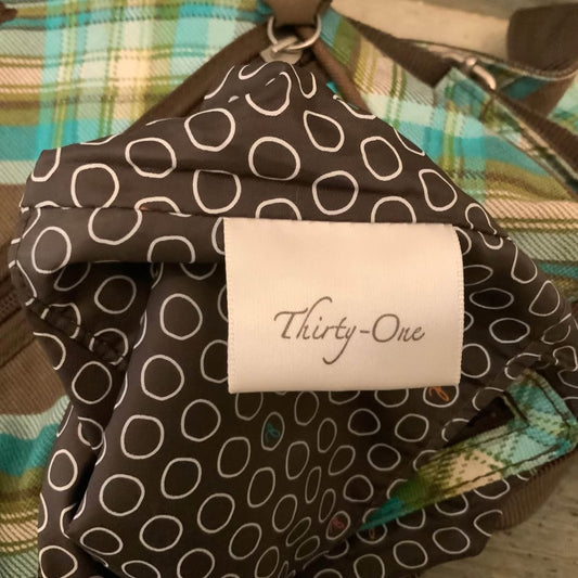 Thirty-One “Faith” Brown Aqua Blue Plaid Crossbody Bag Purse 10x11 Like New