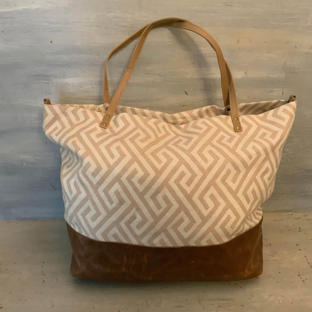 Mossimo Canvas Greek Key Faux Brown Leather and Suede Overnight Weekender Bag Good Condition