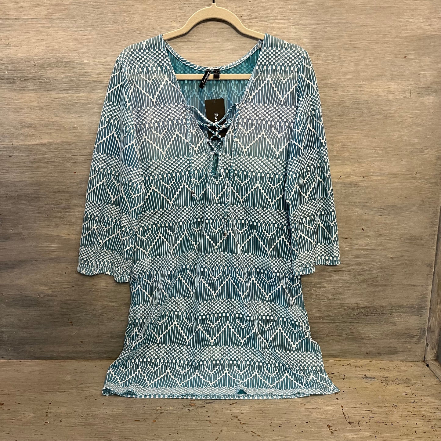 Porto Cruz Blue Ombré 3/4 Sleeve Lace Up Tunic Cover Up XL New with Tag
