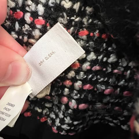Chico’s Black Pink Fringe Trim Tweed Blazer Jacket Size 0/XS Like New