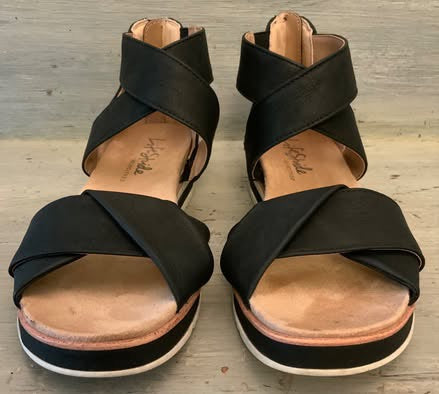 LifeStride Velocity 2.0 Black Faux Leather Gladiator Sandal Open Toe Zip Back Size 9.5 Good Condition