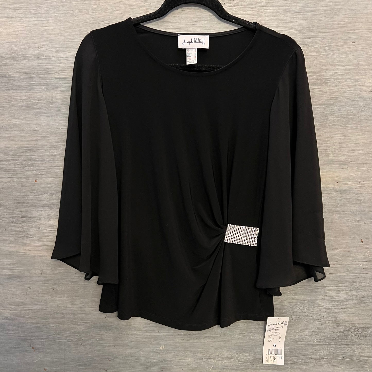 Joseph Ribkoff Elegant Black Sheer Flare Sleeve Ruched Side Blouse Size 6 New with Tags