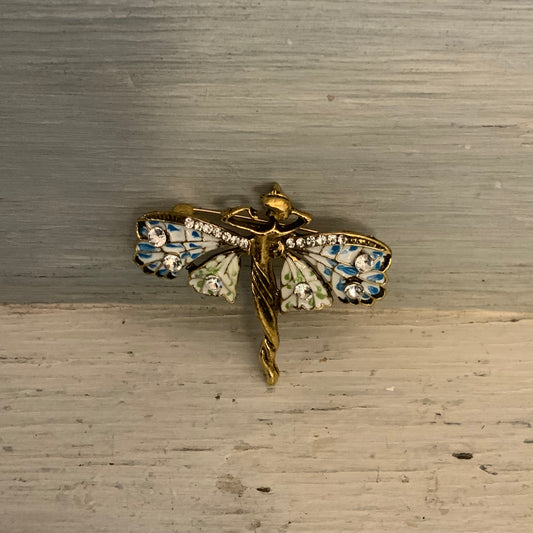 Vintage Gold Tone Dancing Fairy w/ Bejeweled Multicolor Wings Brooch Pin 2x2 Good Condition