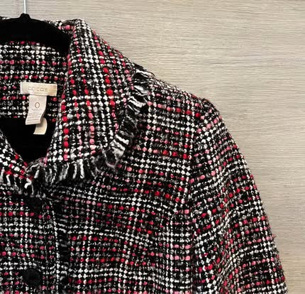 Chico’s Black Pink Fringe Trim Tweed Blazer Jacket Size 0/XS Like New